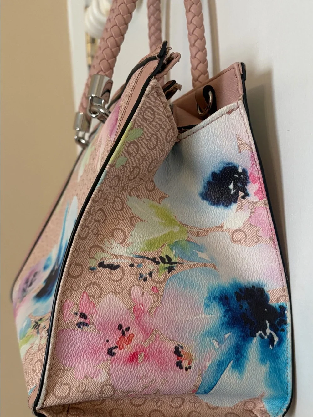 GUESS Pink Floral Logo Tote with Braided Handles